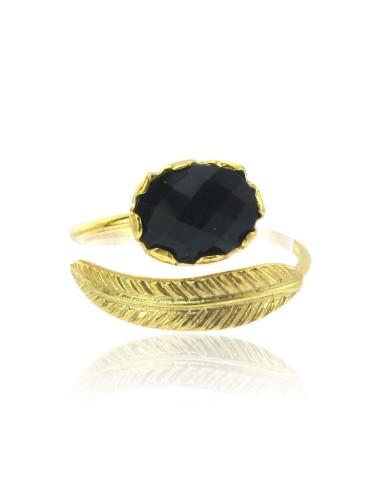 MRio Classic Adjustable Ring Silver Gold Plated Black Stone and Leaf