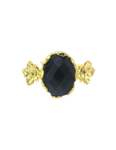 MRio Classic Adjustable Ring Silver Gold Black Stone and Flowers